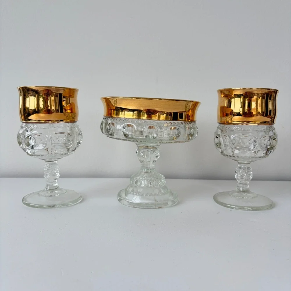 Indiana Glass Kings Thumbprint Gold Rim Goblets and Compote Set of 3 Vintage MCM